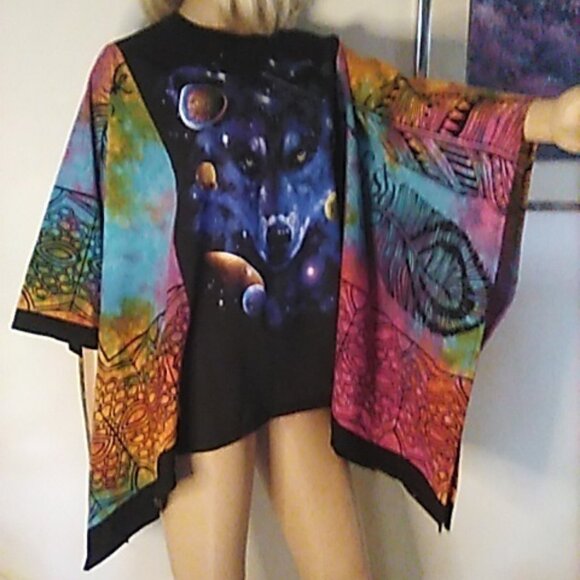 Wolf Top Upcycled 50" x 26" Vibrant Colors Reworked Boho One of A Kind - Picture 2 of 8